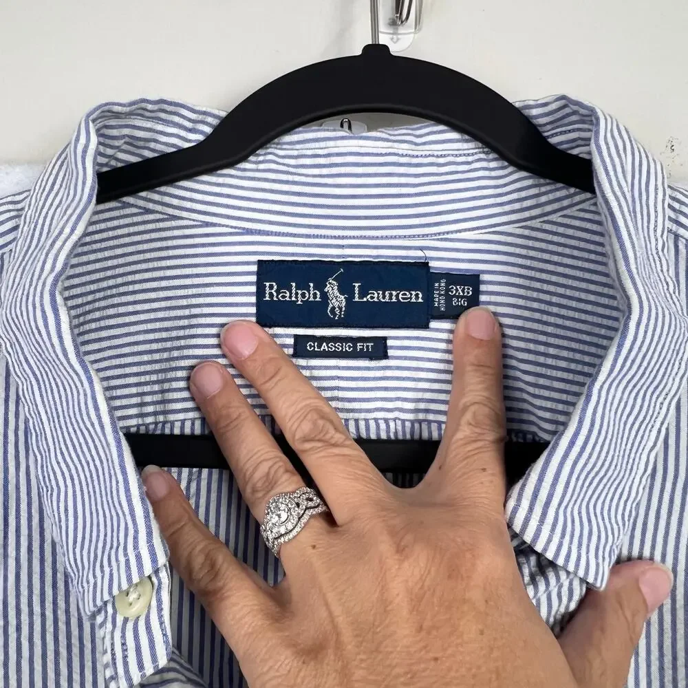 Ralph Lauren 3XB Seersucker Men Shirt Blue White Striped Short Sleeve Pink Pony